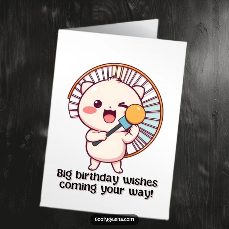 Funny Free Printable Birthday Card: A small, round Kawaii character excitedly holding a giant fan, ready for fun.