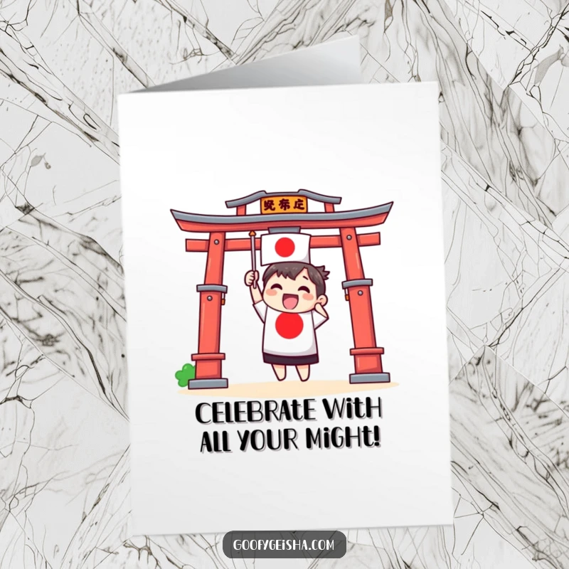Funny Free Printable Birthday Card: A lively Torii gate character excitedly waving a small Japanese flag, celebrating a birthday.