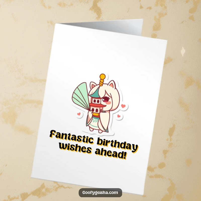 Funny Free Printable Birthday Card: Kawaii character with a big fan playfully fanning a tiny pagoda, celebrating with humor.