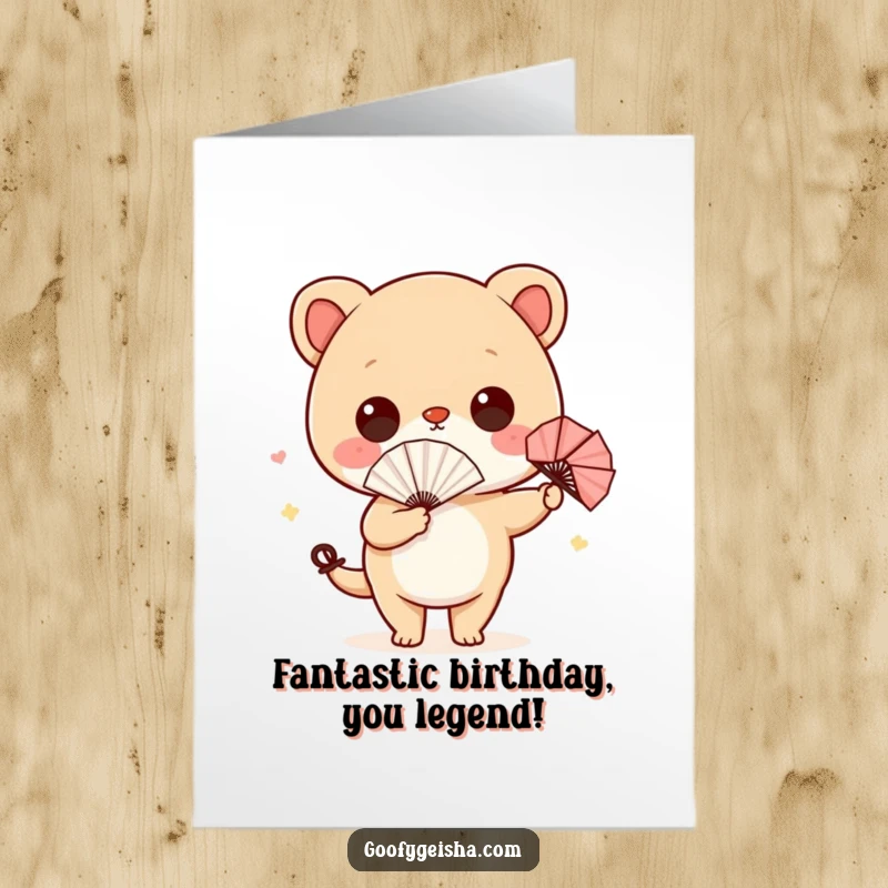 Funny Free Printable Birthday Card: Cute character wiggles hips with a tiny fan, spreading joy. A hilarious downloadable greeting.