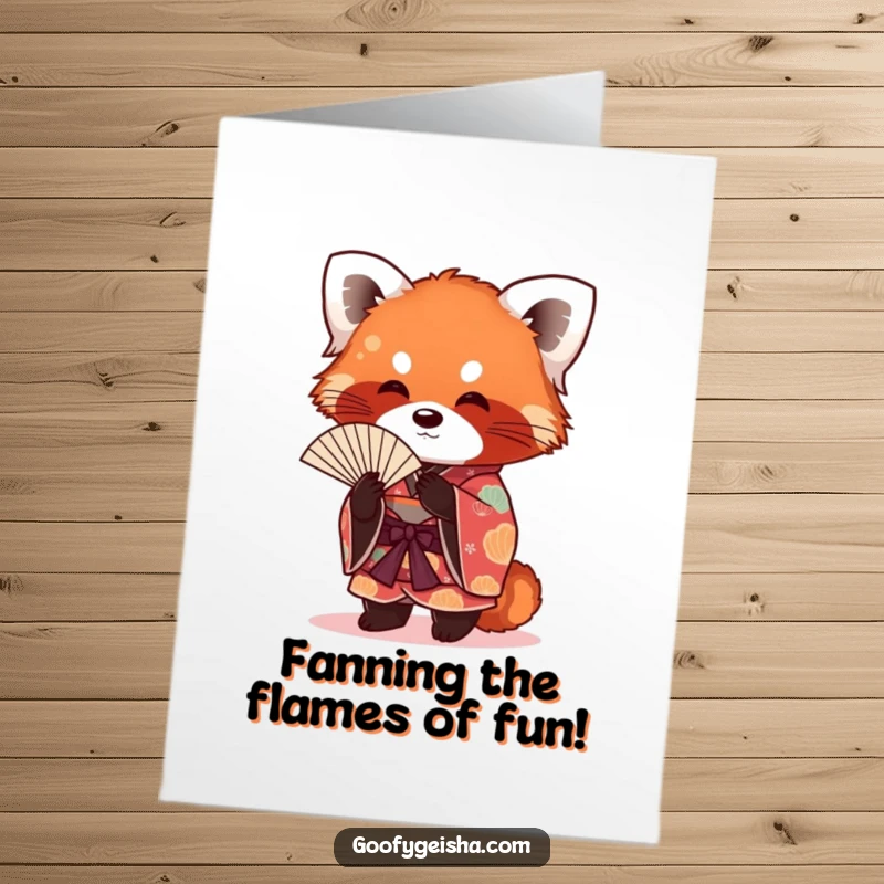 Funny Free Printable Birthday Card: Playful red panda in a kimono fanning itself with a cheeky grin.