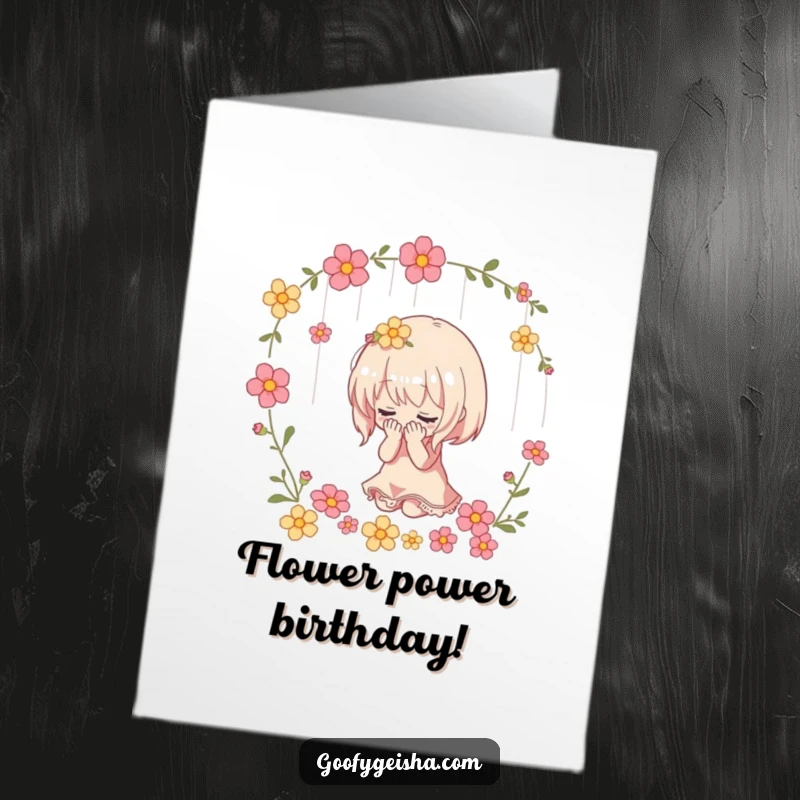 Funny Free Printable Birthday Card: Tiny character performs a deep, dramatic bow as flowers rain down gracefully. Elegant gift.