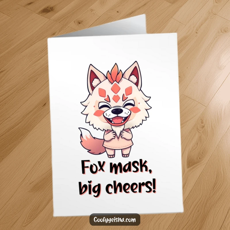 Funny Free Printable Birthday Card: Character attempts a Kitsune mask with a goofy, unafraid grin. Perfect DIY gift.