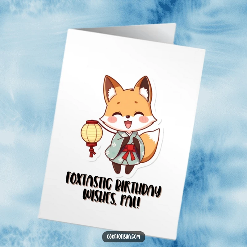 Funny Free Printable Birthday Card: Adorable fox in yukata, excited with paper lantern, bringing birthday cheer.