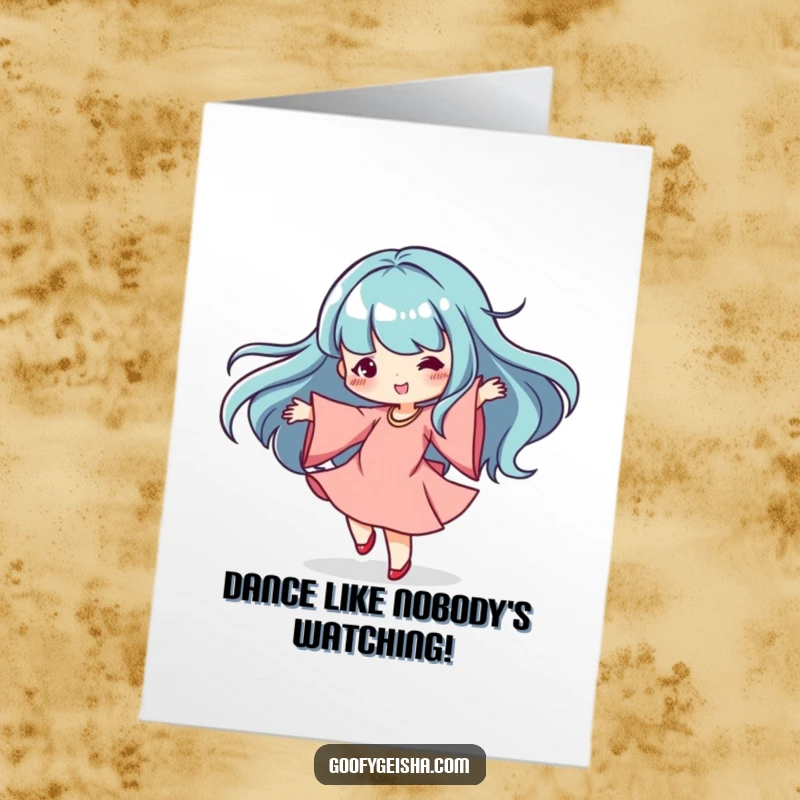 Funny Free Printable Birthday Card: A dancing Kawaii character spins gracefully with flowing sleeves, full of birthday joy.