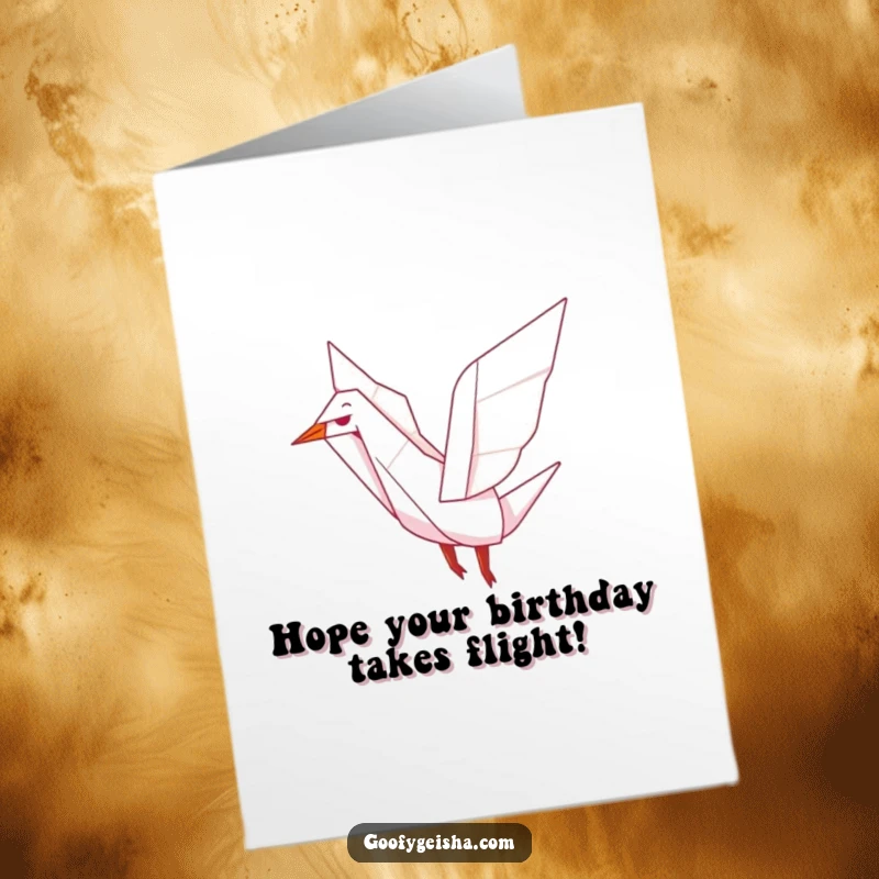 Funny Free Printable Birthday Card featuring a cute origami crane character joyfully flapping its wings mid-air with a happy expression.