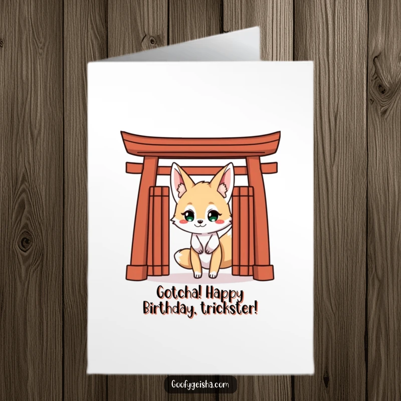 Funny Free Printable Birthday Card with a mischievous Kitsune fox peeking from behind a Torii gate with a sly grin.