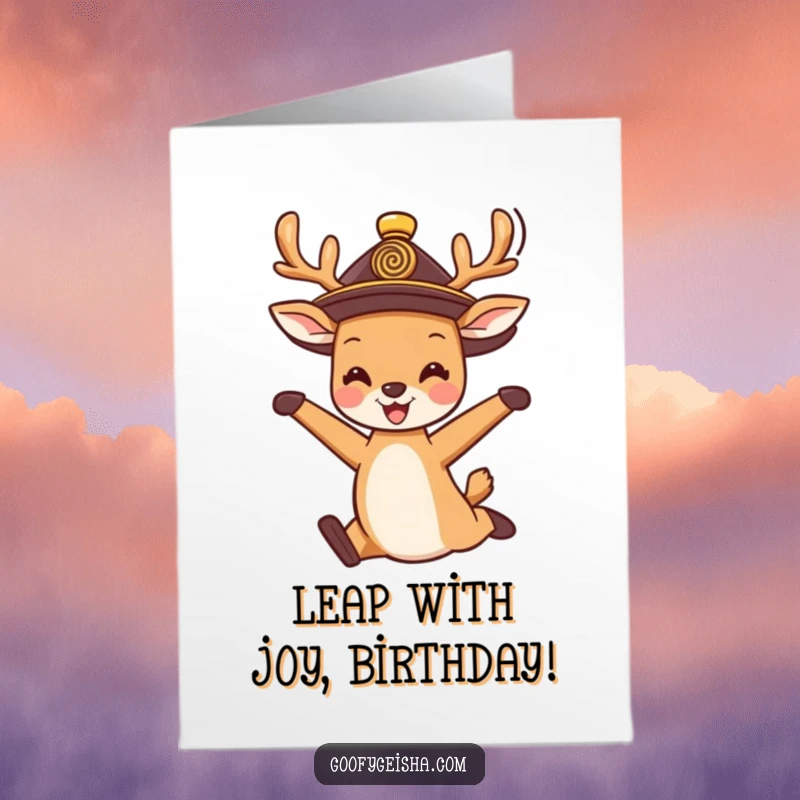 Free Printable Birthday Card: Cute deer in a traditional hat doing a happy, energetic jump, full of downloadable joy.