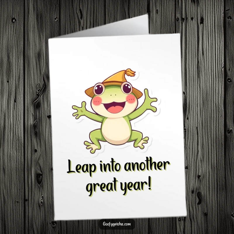 Funny Free Printable Birthday Card: Cheerful frog in a straw hat jumping for joy, celebrating a birthday.