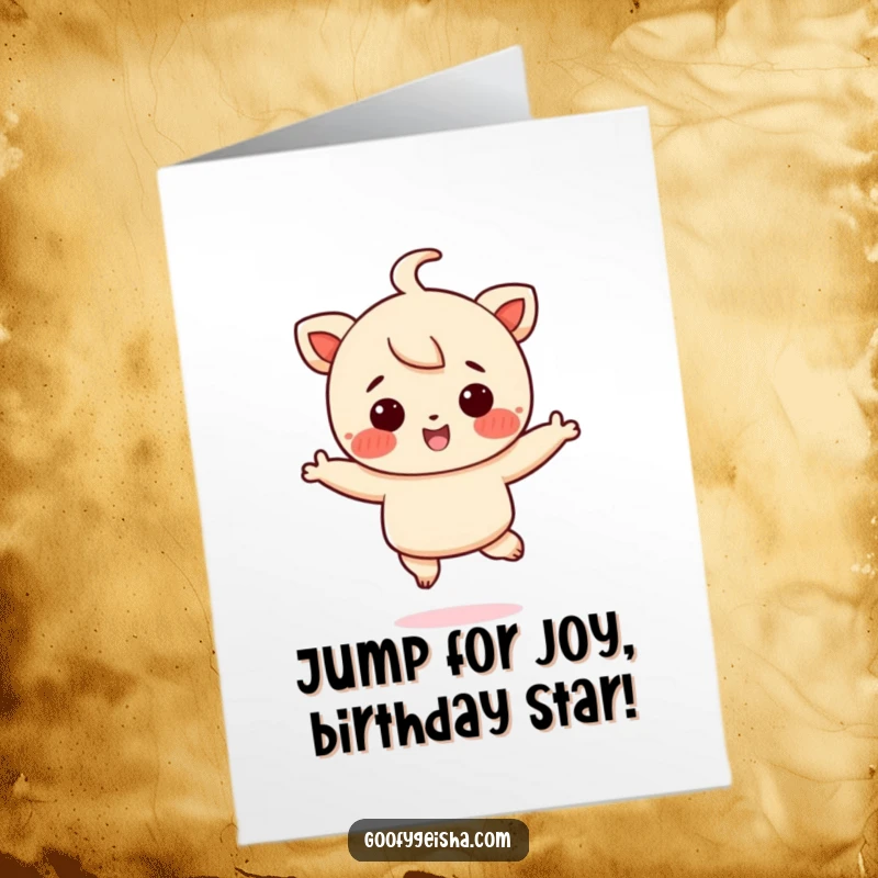 Funny Free Printable Birthday Card: Small character with rosy cheeks jumps joyfully. A cheerful downloadable greeting.