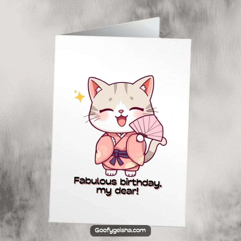 Free Printable Birthday Card: Cute Kawaii cat in a kimono, fanning itself enthusiastically, adorable and downloadable.