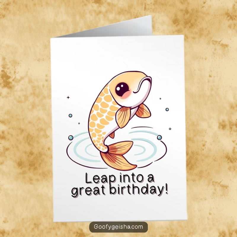 Funny free printable birthday card: Lively koi fish character joyfully leaping from stylized water ripples, full of energy.