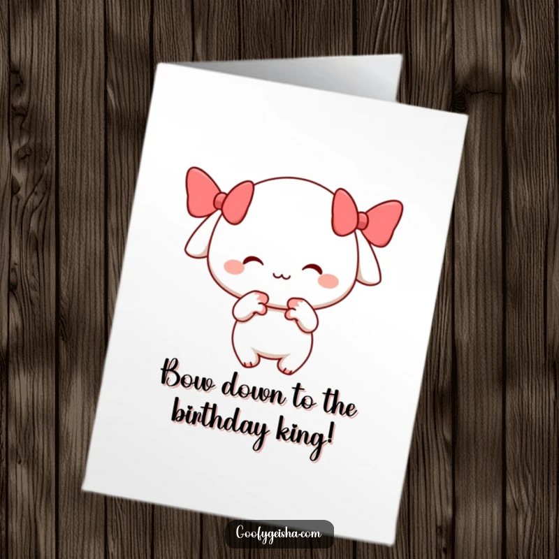 Funny Free Printable Birthday Card: Little character with a cheerful smile performs a playful bow. A charming downloadable greeting.