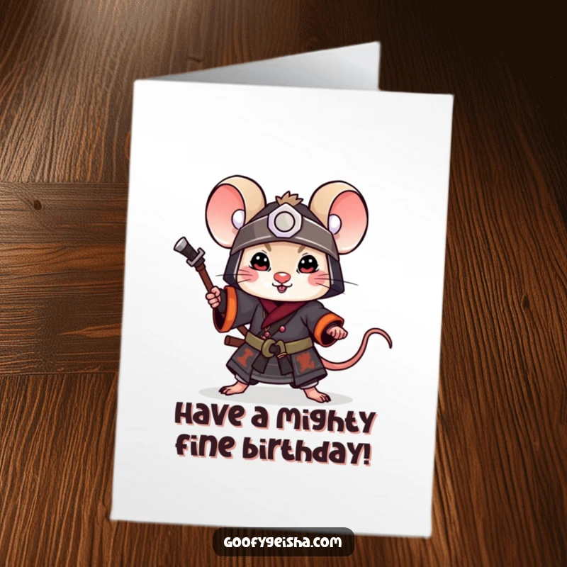 Free Printable Birthday Card: Little mouse dressed as a samurai, striking a playful, warrior-like pose, ready for fun.