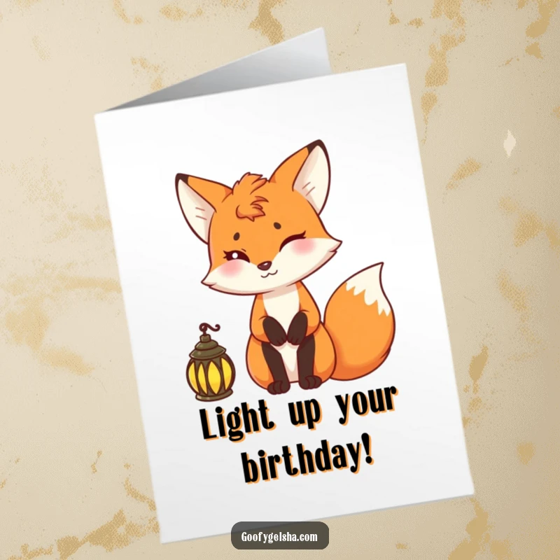 Funny Free Printable Birthday Card: A sly fox character winking mischievously while holding a glowing lantern.