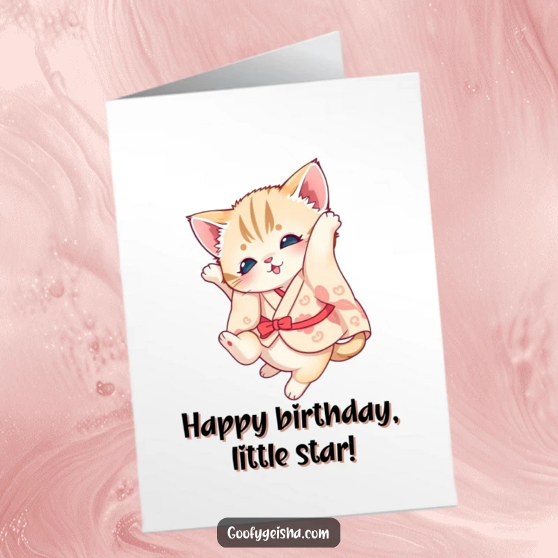 Funny Free Printable Birthday Card: A cute kitten wearing a tiny kimono executing a playful somersault with grace.