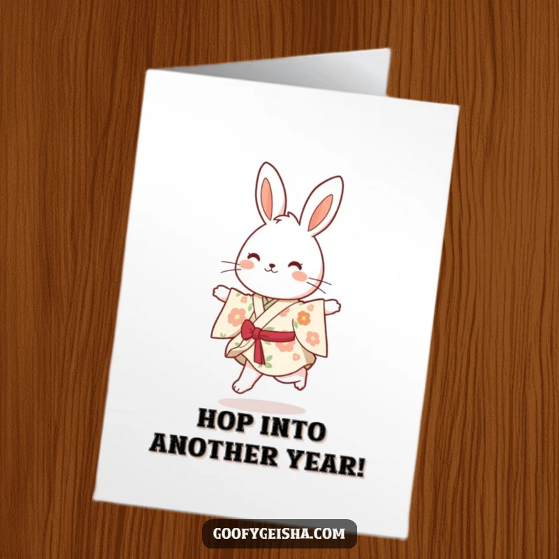 Funny Free Printable Birthday Card: A bouncy bunny in a floral kimono, happily skipping with excitement.
