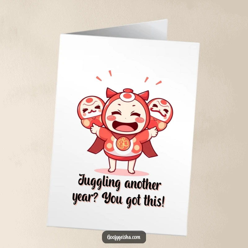 Funny Free Printable Birthday Card: Bewildered Kawaii character hilariously juggles three colorful daruma dolls, capturing birthday chaos.