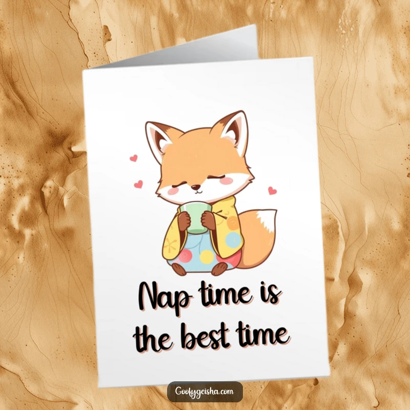 Funny free printable birthday card featuring a sleepy fox in a colorful kimono dozing off with a teacup, evoking peaceful slumber.