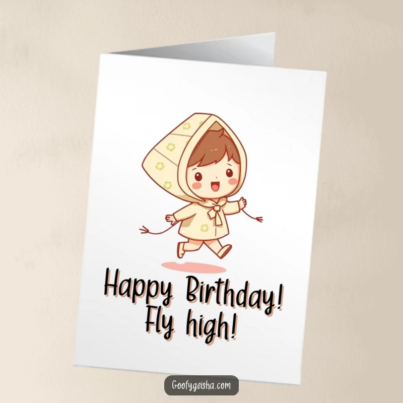 Funny Free Printable Birthday Card: Tiny happy character joyfully skipping while holding a vibrant patterned kite.
