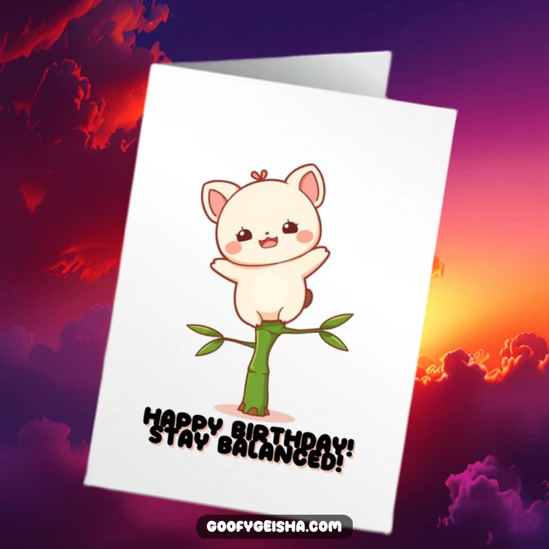 Funny Free Printable Birthday Card: Delighted Kawaii character balances on a tiny bamboo stalk, a fun downloadable art.
