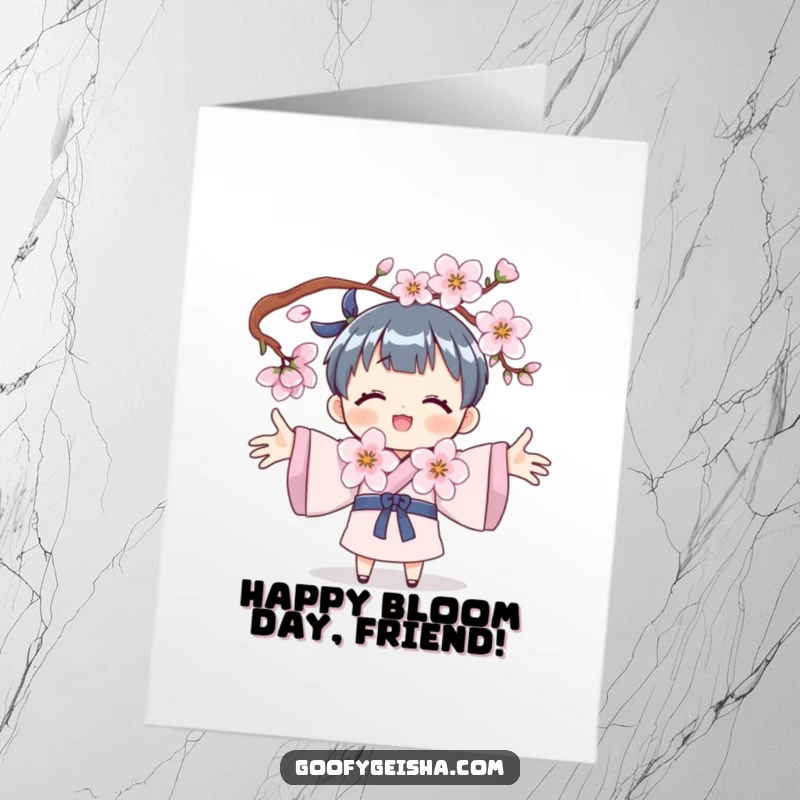 Funny Free Printable Birthday Card: Character with arms wide, tenderly embracing a beautiful blooming cherry blossom.