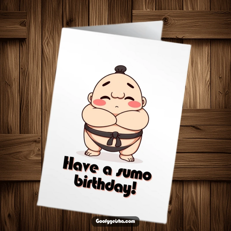 Funny Free Printable Birthday Card: A happy Sumo wrestler character playfully bows with crossed arms, wishing a grand birthday.