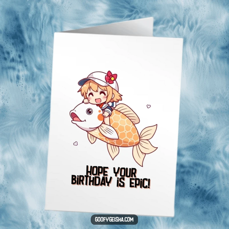 Funny Free Printable Birthday Card: Character gleefully surfs atop a majestic, oversized koi fish. A splash of fun for birthdays.