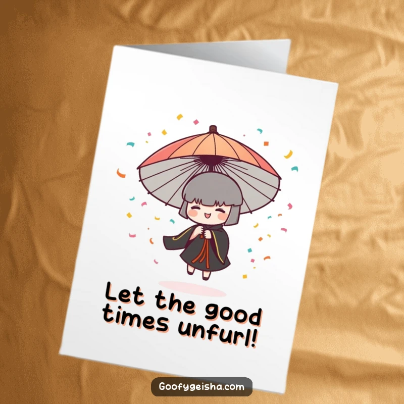 Funny Free Printable Birthday Card: A Japanese umbrella character spins wildly, showering colorful confetti. Downloadable party!