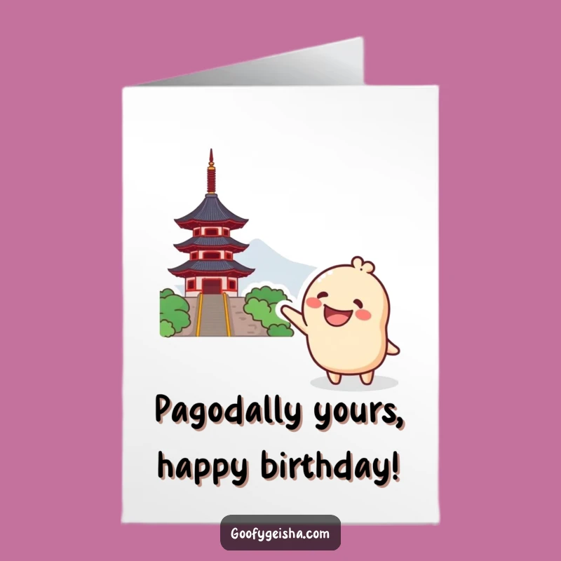 Free Printable Birthday Card: Grinning Kawaii Character Excitedly Points to Pagoda - Funny Downloadable Gift