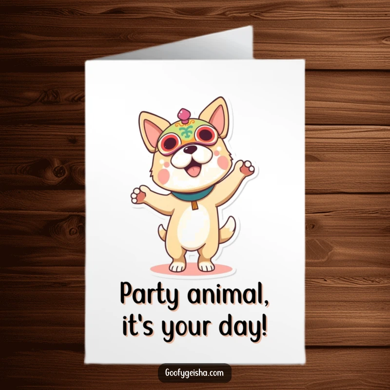 Funny Free Printable Birthday Card: A dog in a colorful festival mask, joyfully dancing with paws in the air, ready to celebrate.