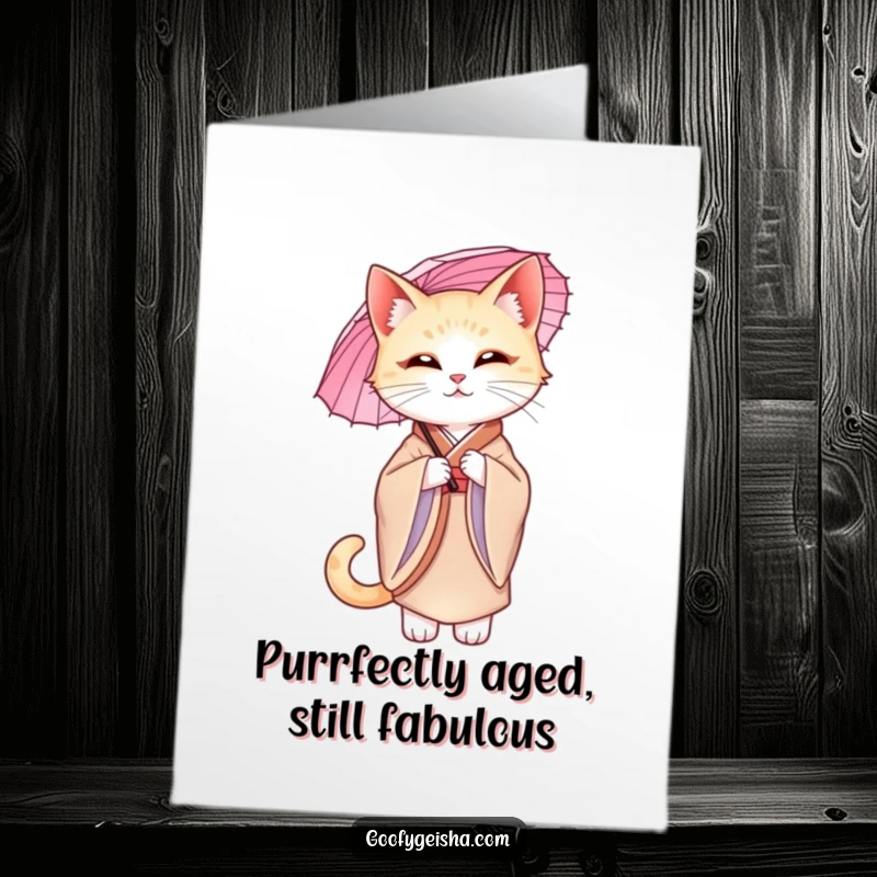 Funny Free Printable Birthday Card: A graceful cat in a silk kimono, holding a parasol with poise.