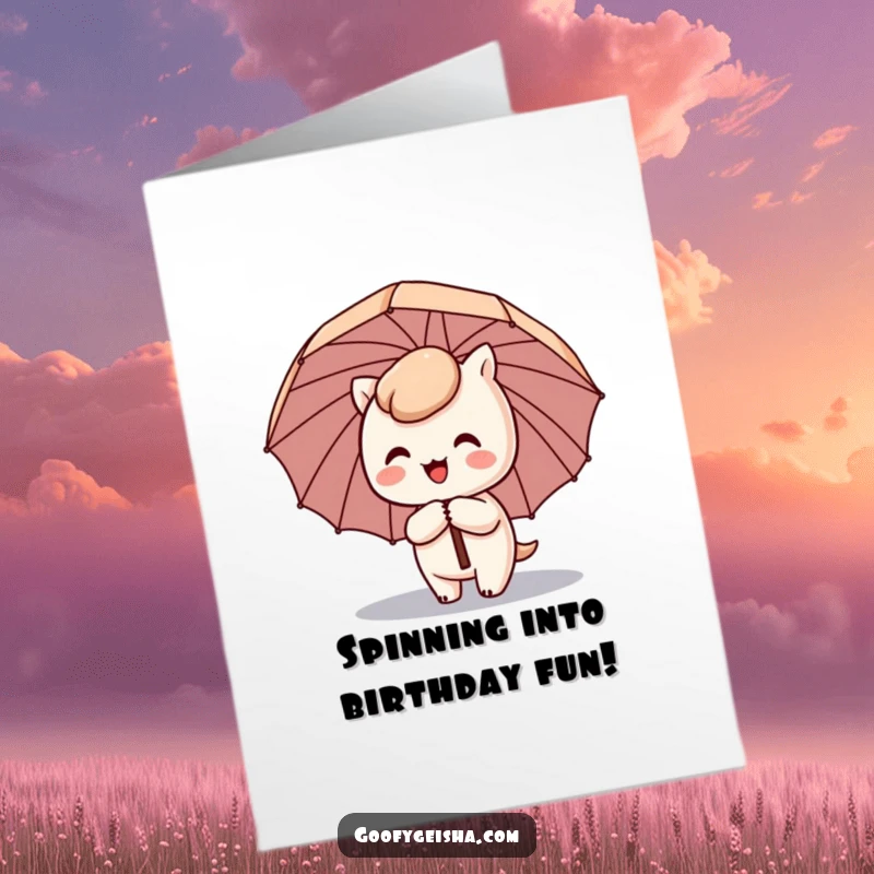 Funny Free Printable Birthday Card: A cute Kawaii character with a tilted umbrella spins joyfully. A fun downloadable gift.