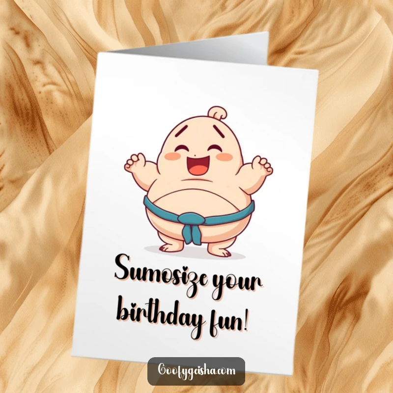 Funny Free Printable Birthday Card: A character in a wobbly sumo pose, smiling mid-fall, a hilarious downloadable gift.