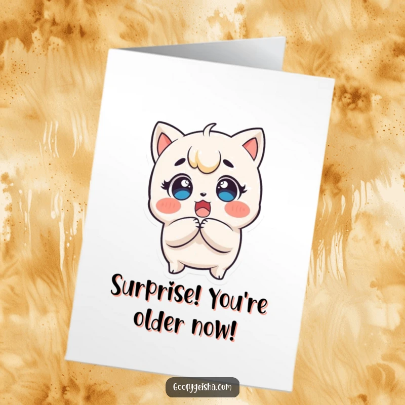 Funny Free Printable Birthday Card: A surprised Kawaii character clutches its head, eyes wide with delight at the celebration.