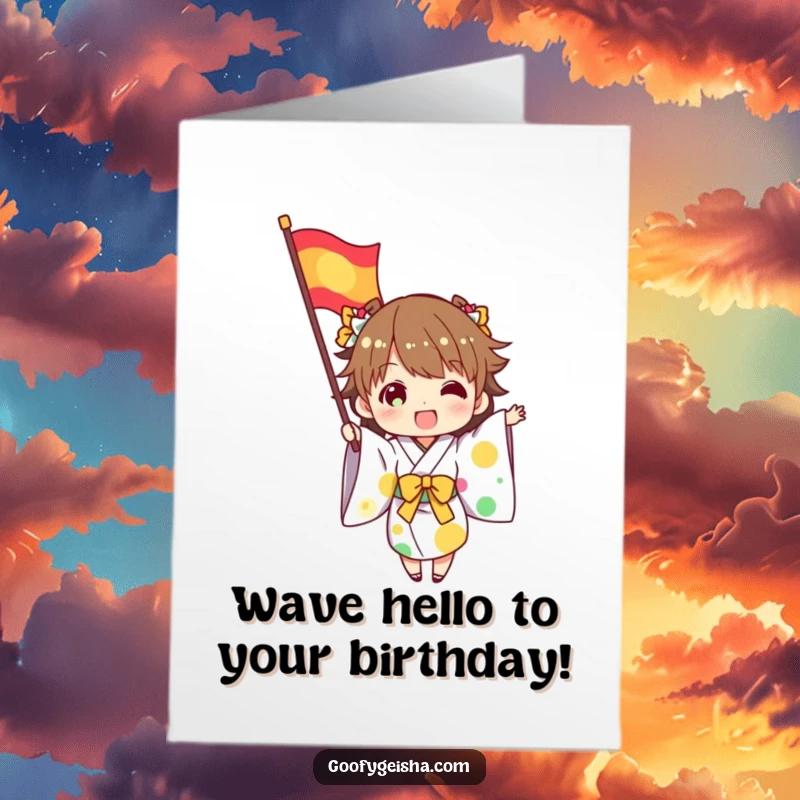 Funny Free Printable Birthday Card: Character in kimono excitedly waves a colorful flag. A festive downloadable greeting.