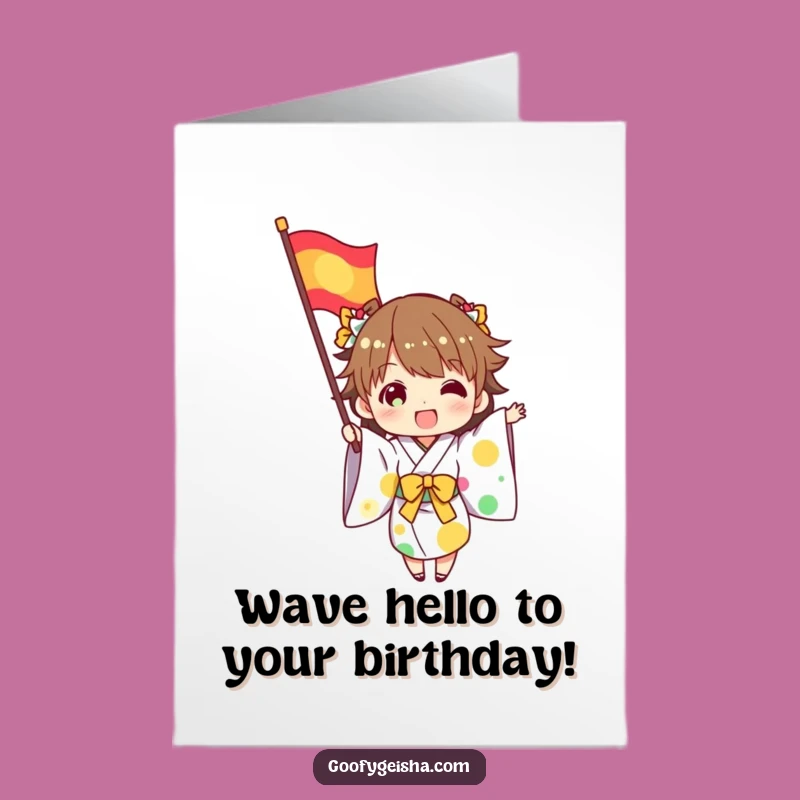Free Printable Birthday Card: Kimono Flag Waving Character, Fun Downloadable