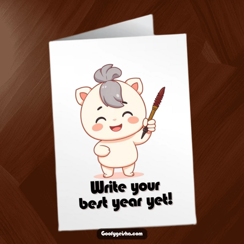 Funny Free Printable Birthday Card: Character with a proud smile holding up a tiny calligraphy brush.