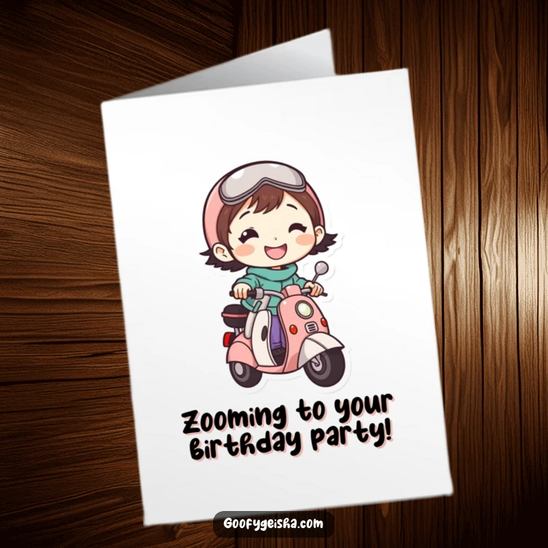 Funny Free Printable Birthday Card: Grinning character joyfully riding a small scooter, ready for a fun celebration.
