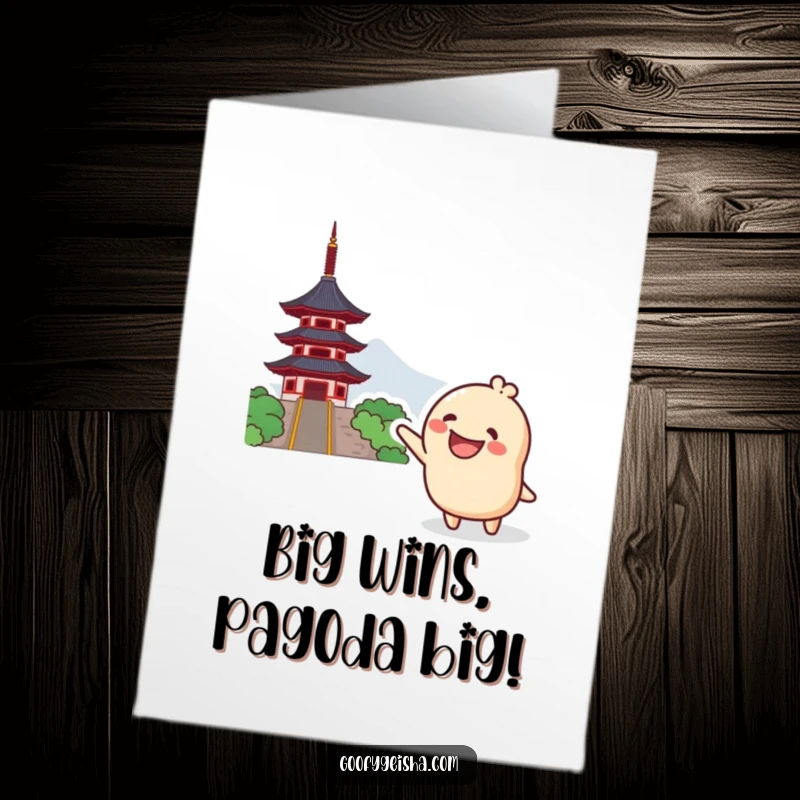 Funny Free Printable Congratulations Card: A grinning Kawaii character excitedly points to a distant pagoda, celebrating success.