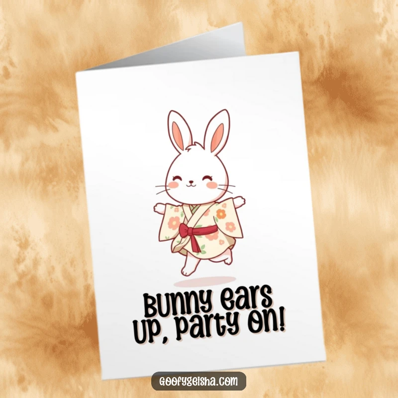 Funny Free Printable Congrats Card: A happy bunny dressed in a floral kimono, skipping with pure delight.