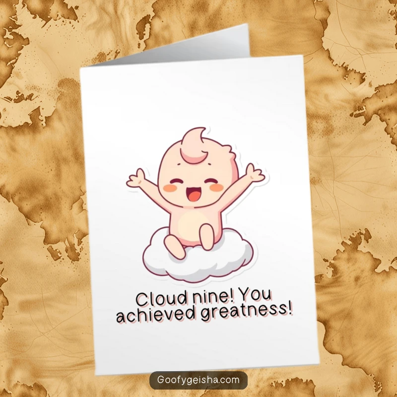 Funny Free Printable Congrats Card: Kawaii character leaps high with joy, hands reaching a fluffy cloud, celebrating an achievement.