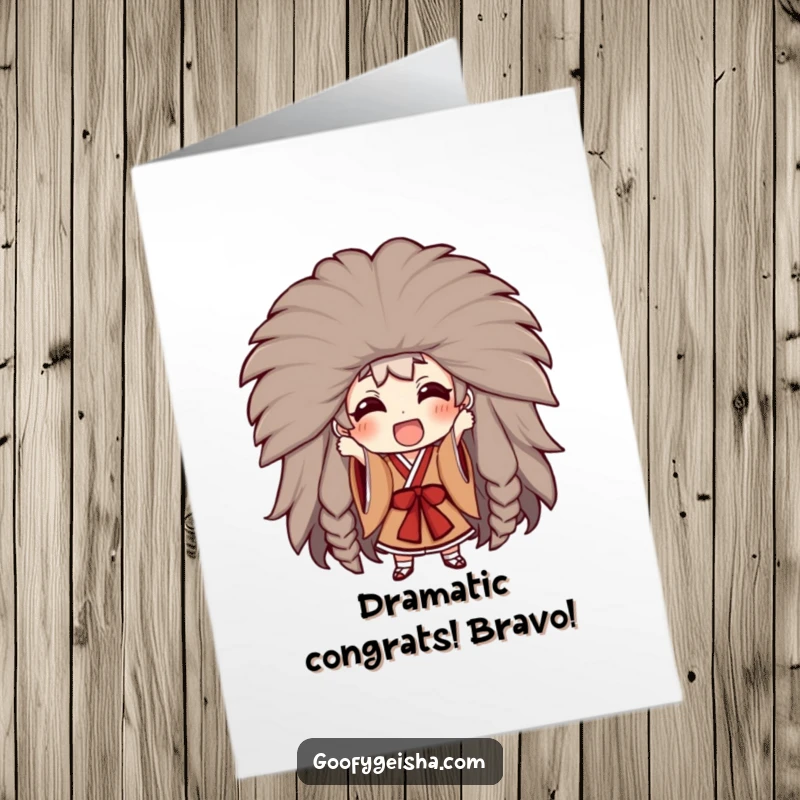 Funny Free Printable Congrats Card: A character enthusiastically trying to don a massive, elaborate Kabuki wig, a dramatic downloadable.