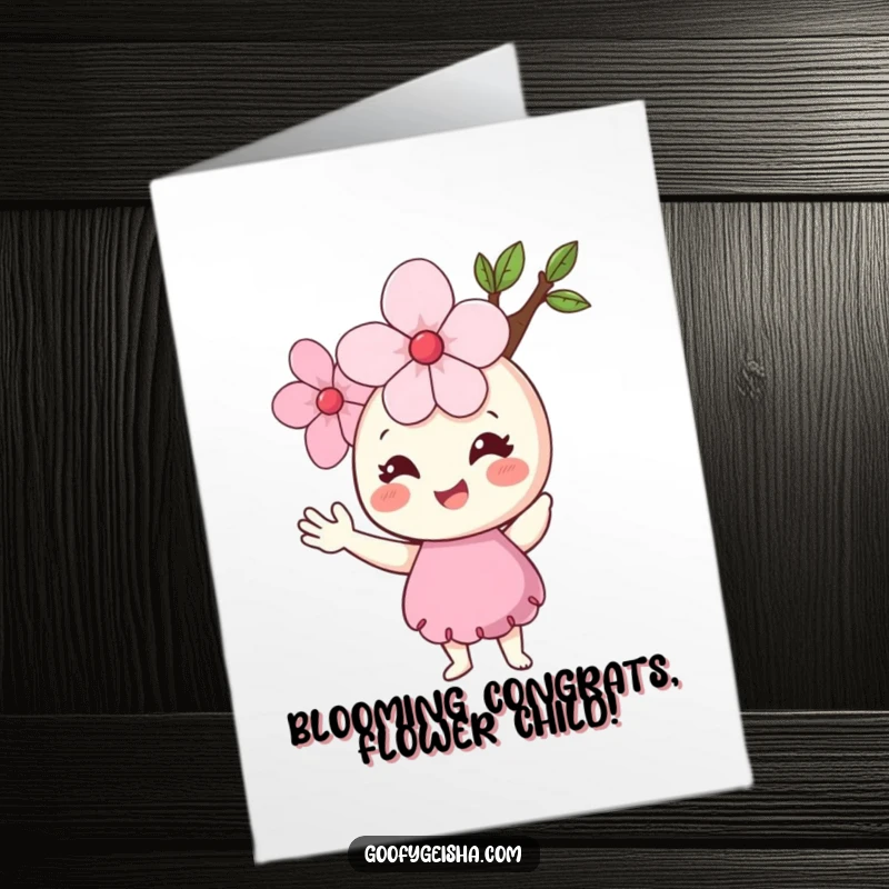 Funny Free Printable Congratulations Card: a smiling cherry blossom character cheerfully waving hello with its small arms.