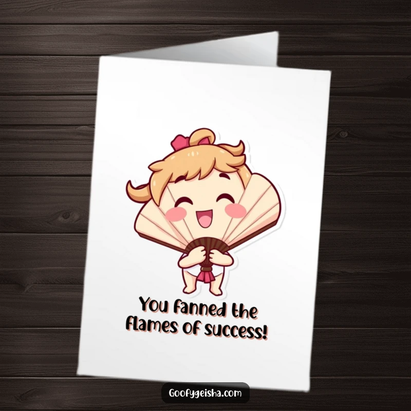 Funny Free Printable Congratulations Card showing a smiling fan character celebrating and opening with a grand, cheerful flourish.