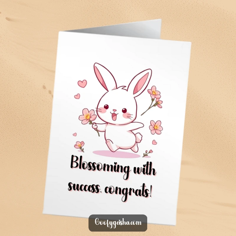 Funny Free Printable Congratulations Card: A cheerful rabbit triumphantly chasing a blossom, symbolizing success and celebration.