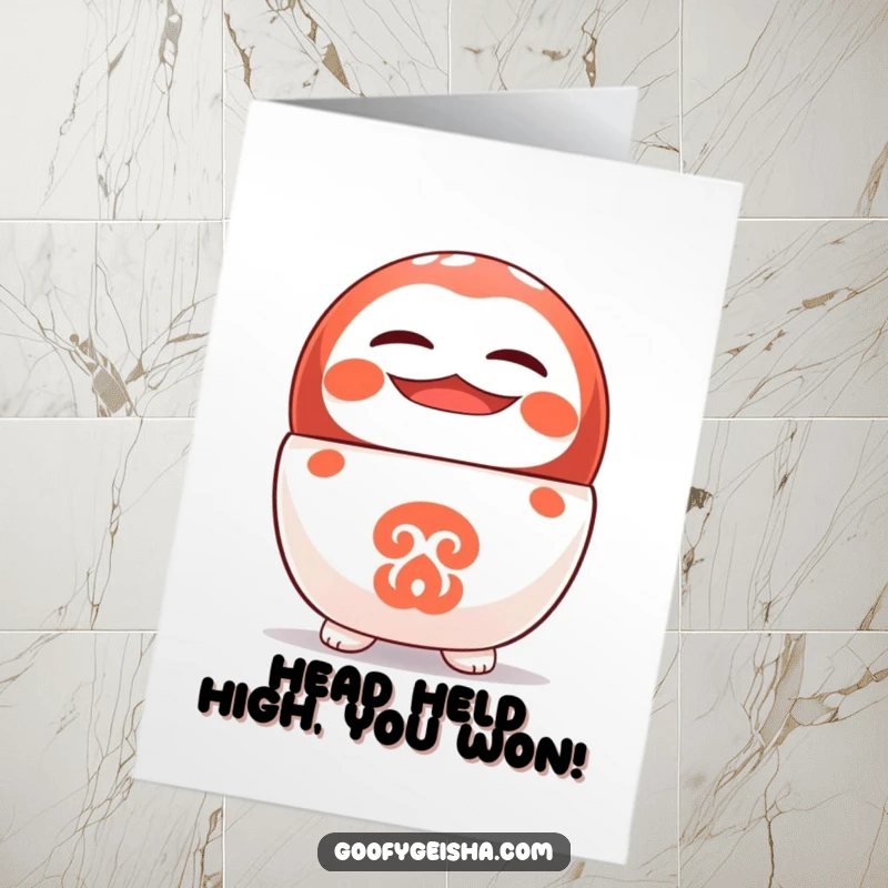 Funny Free Printable Congratulations Card: A cute Daruma doll character stands on its head, beaming with a cheerful grin. Downloadable celebration!