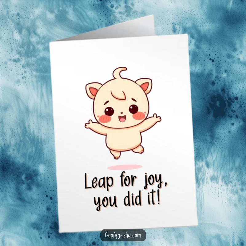 Funny Free Printable Congratulations Card: Small character with rosy cheeks jumps happily. A celebratory downloadable greeting.