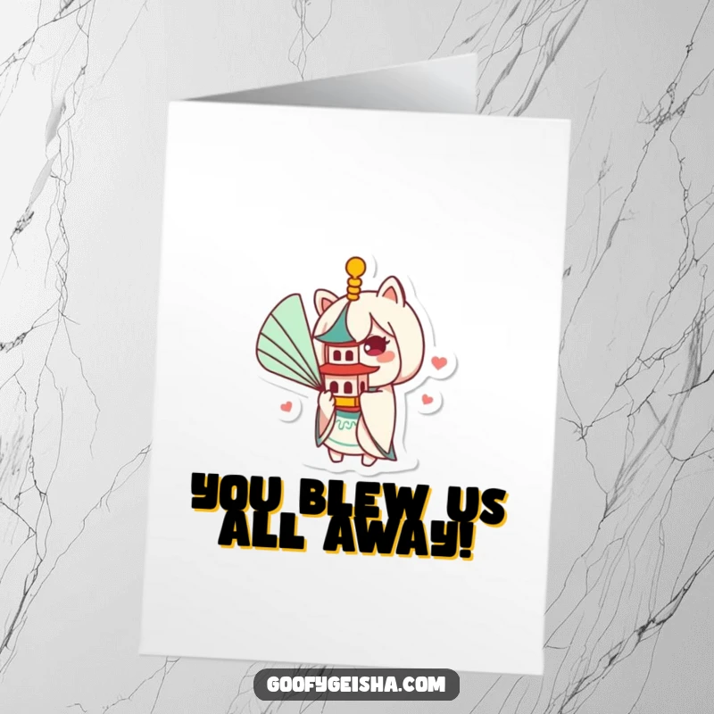 Funny Free Printable Congratulations Card: Kawaii character with a fan cooling a tiny pagoda, celebrating a big win.