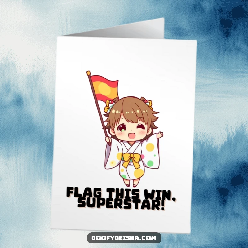 Funny Free Printable Congratulations Card: Character in kimono excitedly waves a colorful flag. A triumphant downloadable greeting.
